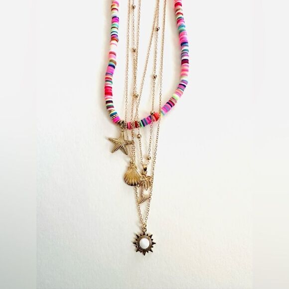 RAINBOW POLYMER CLAY BOHEMIAN MULTI LAYERED BEACH NECKLACES STARFISH PALMS MOON - Picture 1 of 5